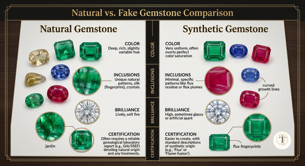 Natural vs. Fake Gemstone Comparison Side-by-side comparison