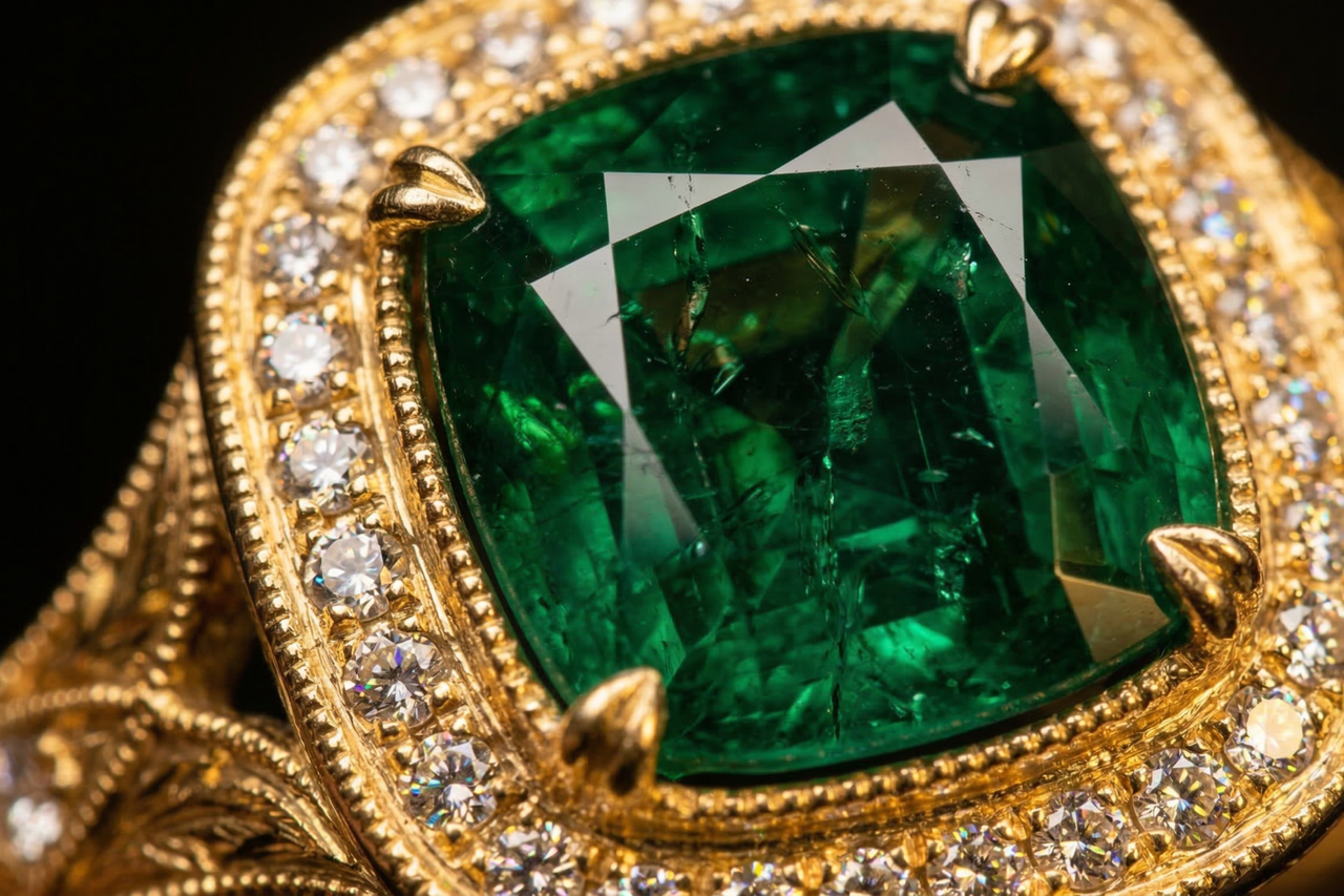 Close-up of a luxurious emerald ring with diamonds, ideal for jewelry showcases.